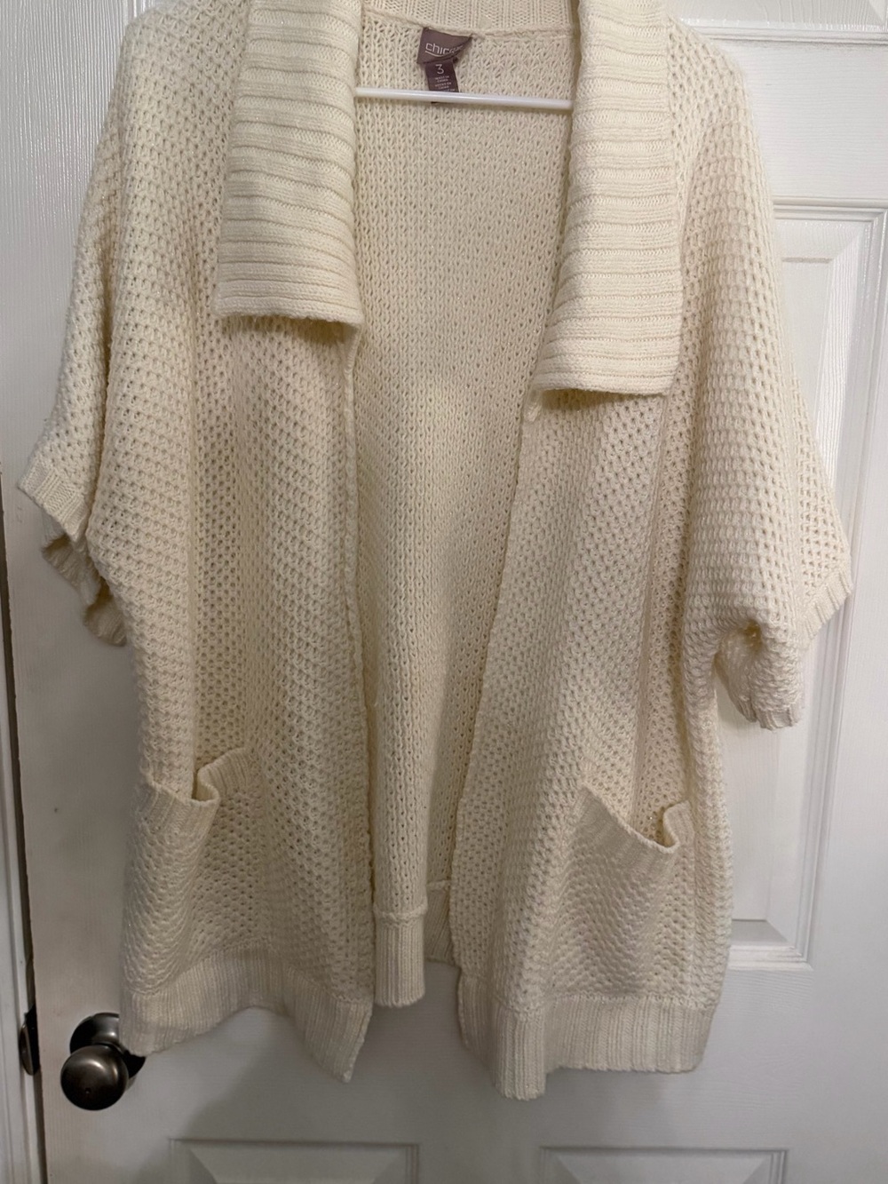 Chico's Cream Open-Front Short-Sleeve Knit Cardigan